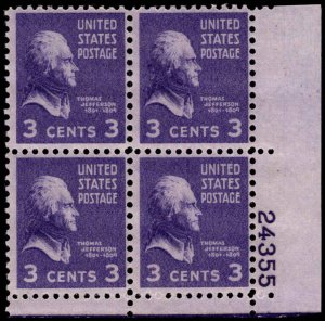 US #807 JEFFERSON MNH LR PLATE BLOCK #24355