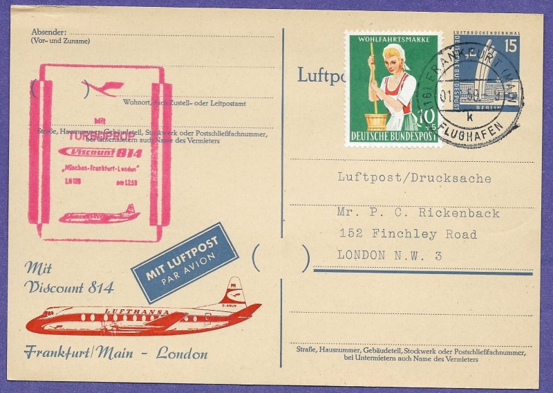 LUFTHANSA LH 128, FRANKFURT / LONDON - 1959 FIRST FLIGHT AIRMAIL POSTAL CARD.