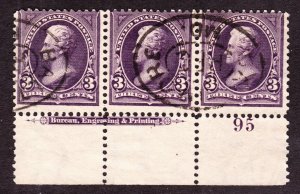 US 268 3c Jackson Used Plate #95 Strip of 3 F-VF