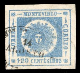 Uruguay #16 Cat$25, 1860 120c blue, used, large margins, signed Diena