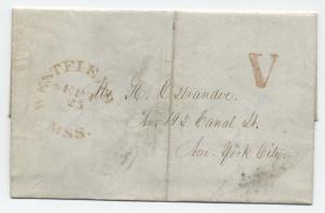 1846 Westfield MA rimless stampless with V rate marking [2666]