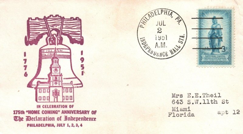 175th HOME COMING ANNIVERSARY OF THE DECLARATION OF INDEPENDENCE CACHET 1951