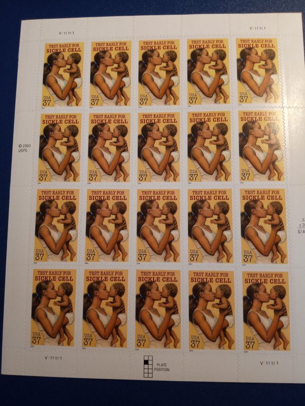 US# 3877, Test Early for Sickle Cell, SA, Sheet of 20 @.37c, MNH (2004)