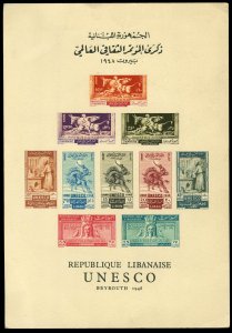 Lebanon #C141-145 Cat$275, 1948 UNESCO, imperf. souvenir sheet on card, few l...