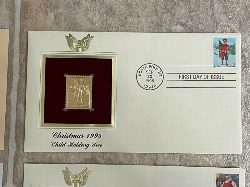 Set Of 5, 1995 First Day Cover Christmas Santa 32c Stamps W/22k Gold Replicas