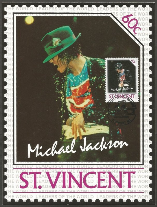 ST. VINCENT STAMP,1985 MICHAEL JACKSON 60C STAMP.FIRST DAY OF ISSUE.MAXI CARD