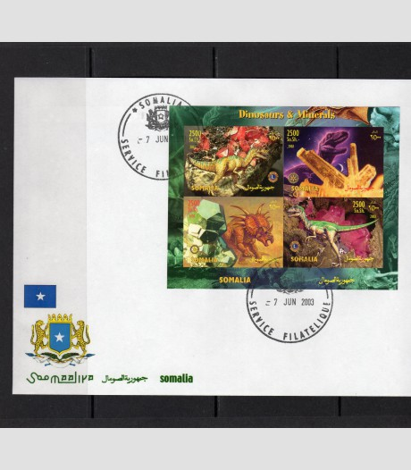 Somalia 2003 Dinosaurs Minerals LIONS ROTARY Emblem Sheet Imperforated in FDC