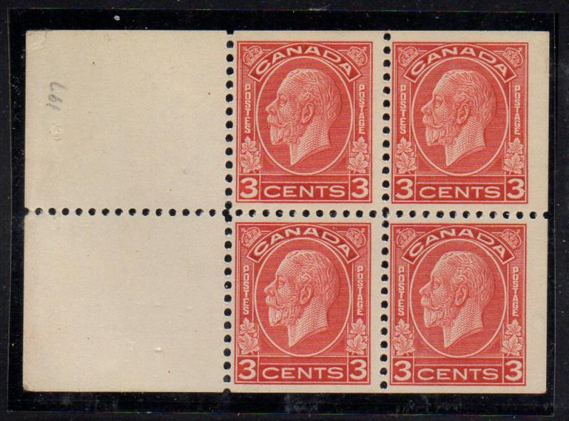 Canada Sc 197d 1933 c red G V stamp bklt pane of 4 mint