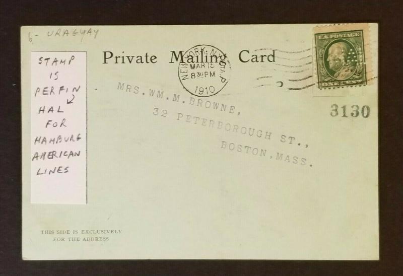 1910 Montevideo Uruguay Hamburg Boston MA USA Cruise Perfin RPPC Postcard Cover 