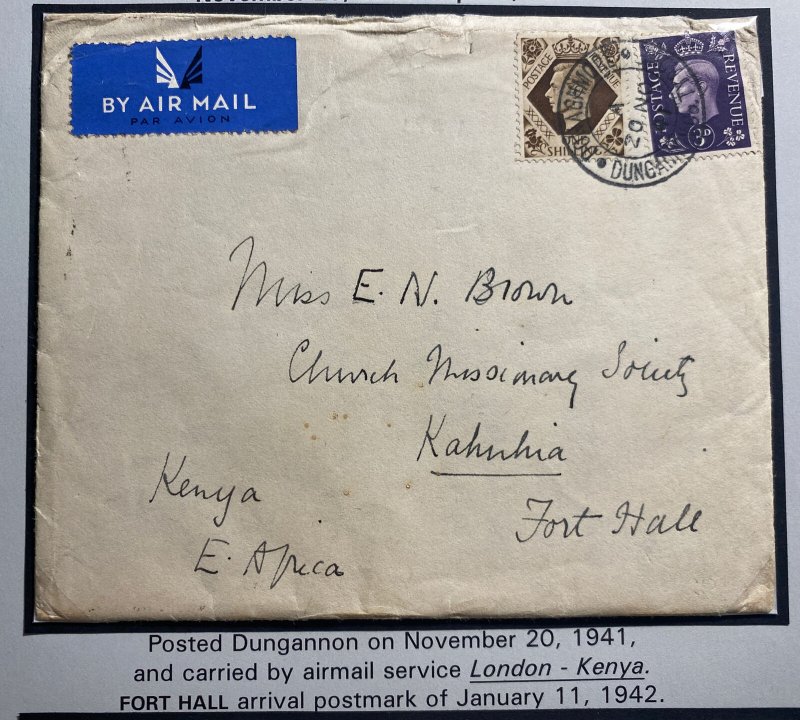 1941 Dungannon England Wartime Airmail Cover to Fort Hall Kenya With Letter 