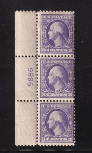 1918 Sc 530 3c purple MHR plate number strip (plate block CV $32) (B4