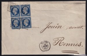 France 1856 20c Napoleon Rouletted Block on Cover Nantes to Rennes