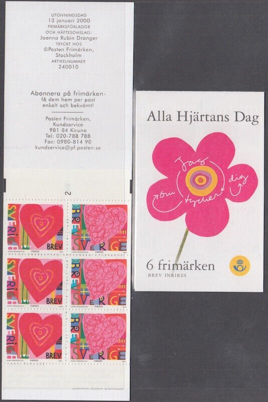 SWEDEN Sc # 2371a.1 MNH BOOKLET of 6 - 2 DIFF X 3 EACH - LOVE, HEARTS