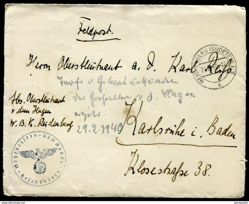 h96 - GERMANY Reich WW2 1940 FELDPOST Cover REICHENBERG Sudetenland > Karlsruhe