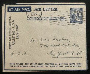 1947 Tel Aviv Palestine First Air Letter Flight Cover FFC To New York USA