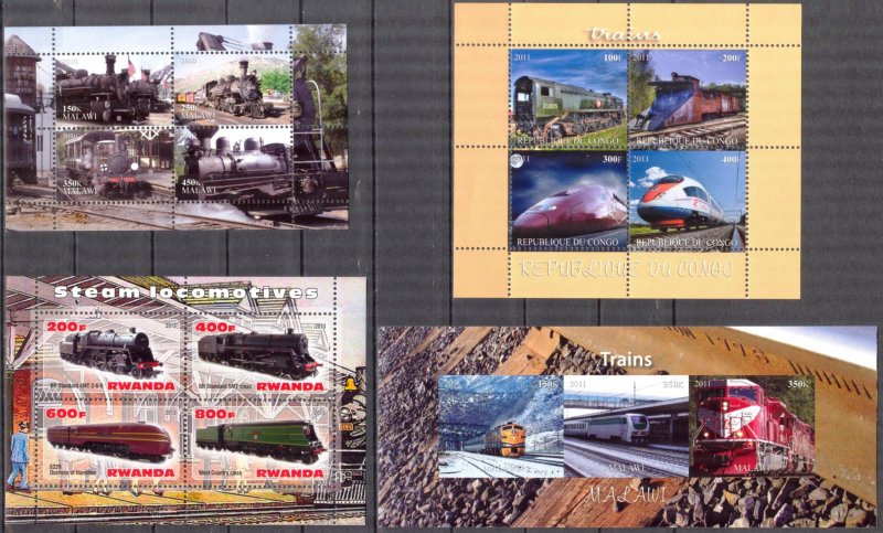 Malawi Congo Rwanda 2010/2013 Trains Locomotives 4 sheets MNH Cinderella {15}