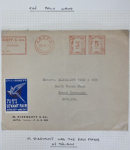 1935 Jaffa Palestine Meter Cancel cover To Yarmouth England Levant Fair Label