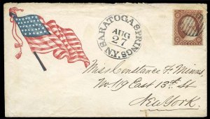 United States, Patriotic Covers #65, 1861 Flag, franked with 3c, from Saratog...