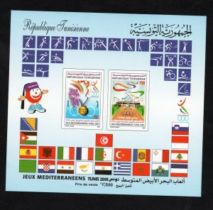 2001 - Tunisia - 2001 Mediterranean Games, Tunis - Flags- Sports-Minisheet MNH** 