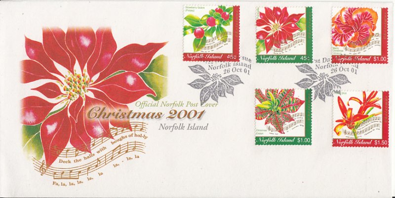 Norfolk Island 2001 FDC Sc #748-752 5 Flowers and song lyrics - Christmas