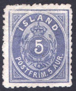 Iceland 1876 5 Aur Blue Numeral Wmk Crown P 12.5 Scott 8 MH Cat $475