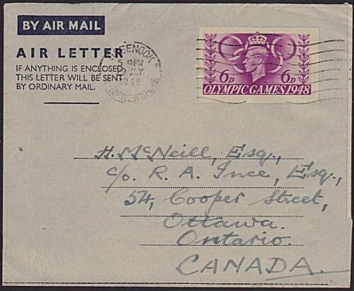 GB 1948 Olympic Games 6d air letter FIRST DAY CANCEL to Canada..............1264 