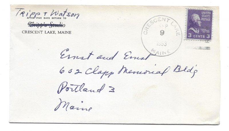 Crescent Lake to Portland, Maine 1953 Prexie Cover, Scott 807, Corner Card