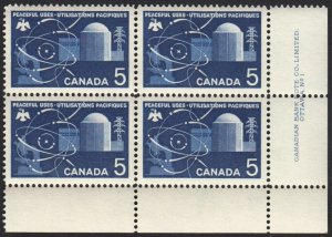 HISTORY = ATOMIC REACTOR = Canada 1966 #449 MNH LR BLOCK of 4 Plate #1