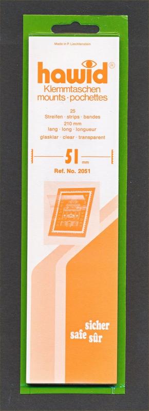 Hawid Stamp Mount Size 51/210 mm - CLEAR (Pack of 25) (51x210 51mm)  STRIP  2051