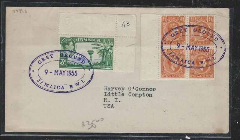 JAMAICA (PP2912B) 1953 KGVI  3D+1/2D BL OF 4 OVAL GREY GROUND CANCEL TO USA