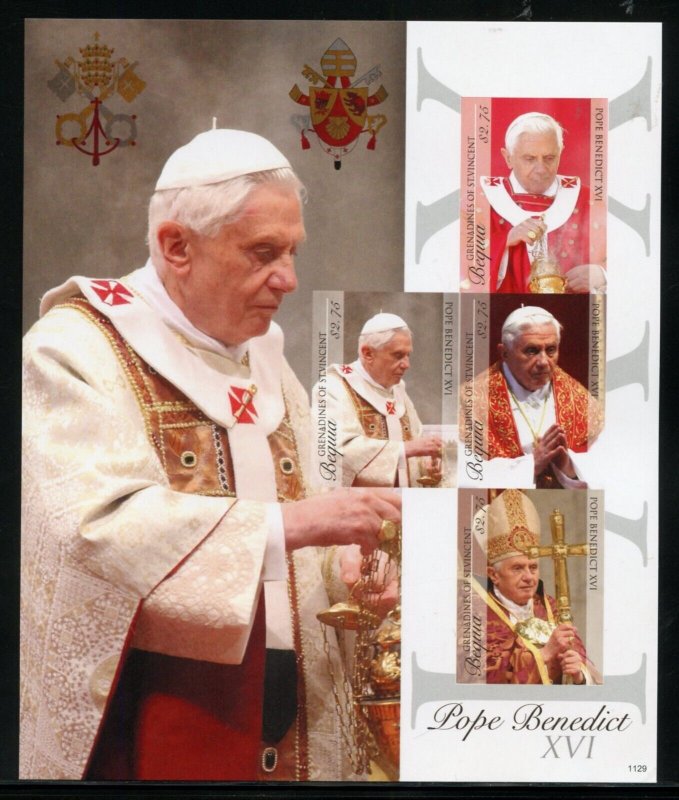 SPECIAL BEQUIA POPE BENEDICT XVI  LOT OF FOUR IMPERF SHEETS MINT NH