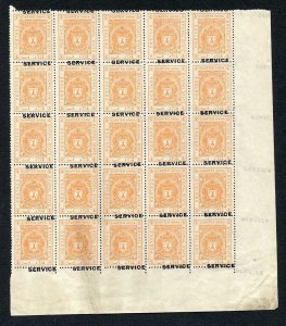 Bhopal SGO313c 1932 1/4a Orange Perf 13.5 Opt SERVICE at TOP no gum Block of 25