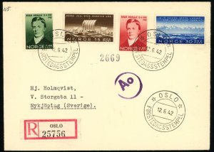 Norway #247-250 FDC Registered Cover to Sweden 1942 First Day Issue Cover WWII