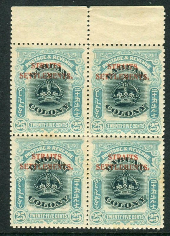 STRAITS SETTLEMENTS-1906-7 25c Green & Greenish Blue.  LMM block Sg 149