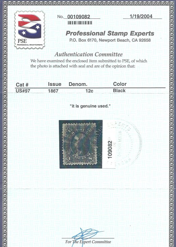 97 Used... PSE Certificate... SCV $250.00... Circle of V's fancy cancel....