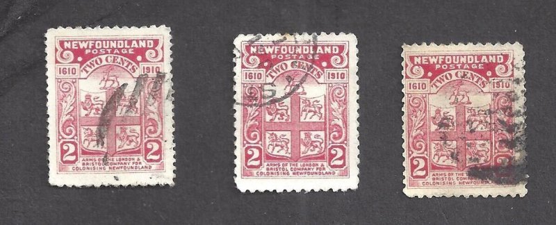 Canada NEWFOUNDLAND # 88/88a 3 DIFFERENT RED SHADES/ 2 DIFF PERFs BS25661