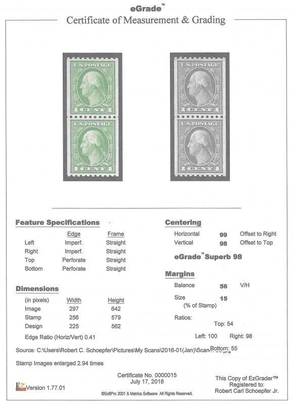 486 1 cent Washington Coil Pair Stamp Mint OG NH EGRADED SUPERB 98 XXF