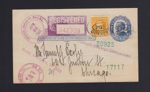 UX22 Postal Card REGISTERED Chicago (Jackson Park St.) to Chicago - MOVED