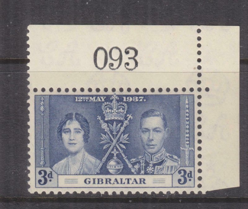 GIBRALTAR, 1937 Coronation, 3d. Blue, Sheet # 93, mnh., lhm. in margin.