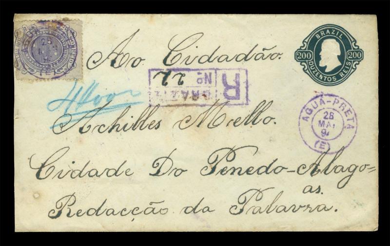 BRAZIL 1894 D.Pedro Stat. REG env Uprated w/300r -MONEY LETTER- from Agua PRETA