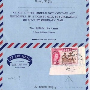 FIJI Private APSLEY Air Letter Stationery 1963 Cover QEII 10d Corner Margin BP22