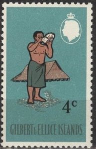 Gilbert & Ellice 138 (mnh) 4c elder and conch, meeting house (1968)