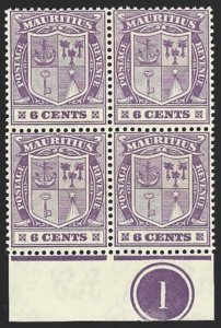 Mauritius 1921-26 Arms 6c Violet Wmk MultScriptCA #169 VF-NH BLOCK CV $6.00++-