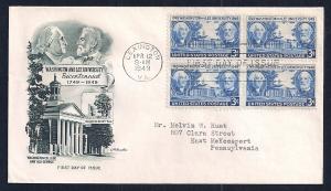 UNITED STATES FDC 3¢ Washington & Lee BLOCK 1949 Artmaster