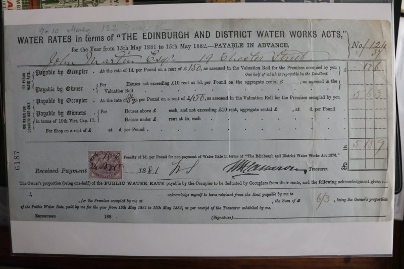 Edinburgh 1881 Water Rates Receipt w/ Postage and Inland Rev One Penny Stamp