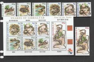 Gibraltar 2001 Snakes set & MS UM SG 960/MS967