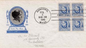 USA 1940 FDC Sc 862 Ioor Cachet Louisa May Alcott Block of 4 First Day Cover