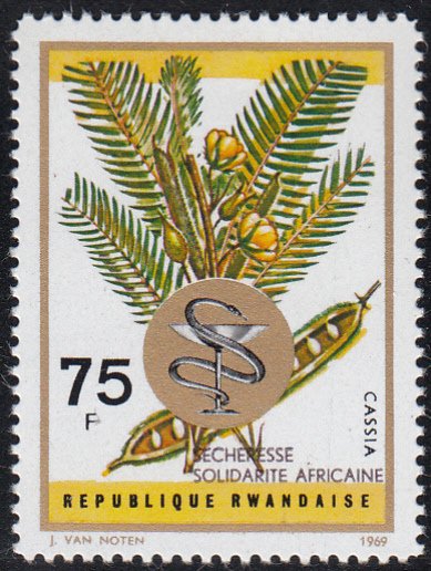 Rwanda 1973 MNH Sc 539 75fr Cassia O/P Secheresse/ Solidarite Africaine