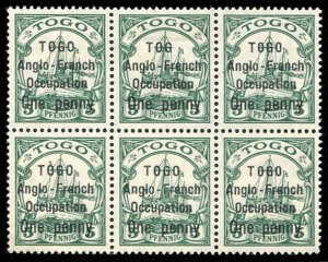 Togo #47b (SG H28a) Cat£162.50+, 1914 1p on 5pf green, block of six, top mid...