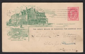 Geary Experimental cancel #X1 on 1c Leaf postal card CPR Hotel Vancouver, to ...